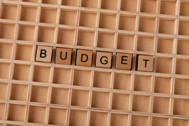 Wooden Scrabble tiles spelling 'budget' on a textured wooden grid, symbolizing financial planning.